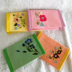 花刺繍のふた付きカードケース・ミントグリーン 4枚目の画像