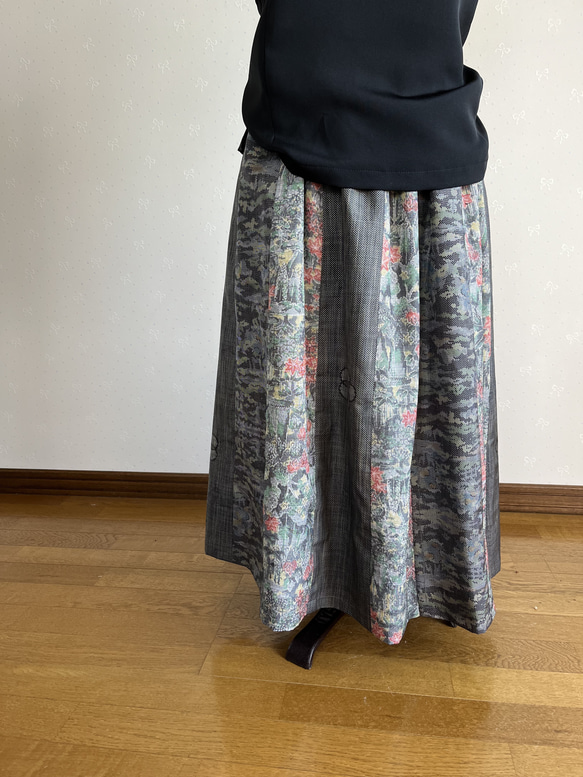 着物リメイク　紬のパッチギャザースカート 1枚目の画像