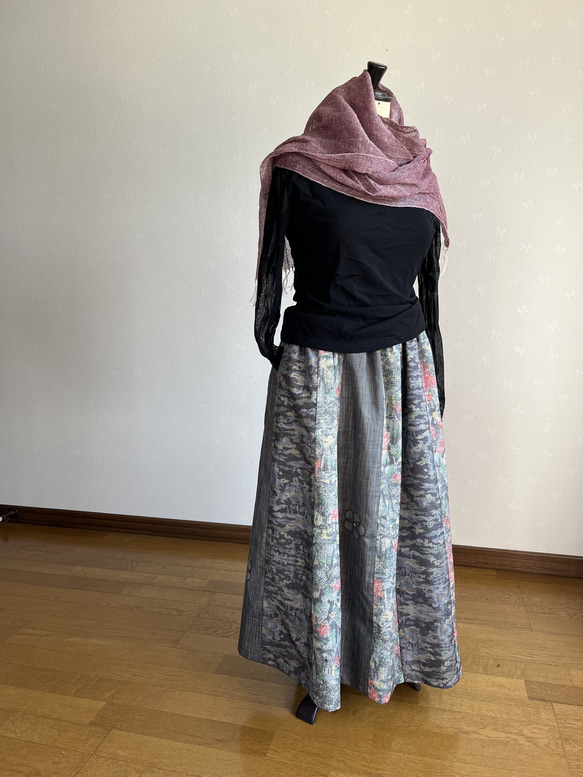 着物リメイク　紬のパッチギャザースカート 5枚目の画像