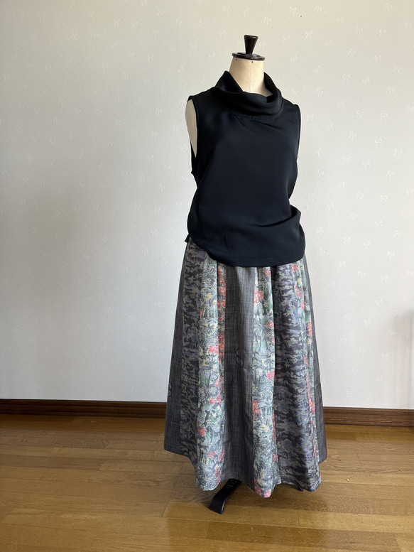 着物リメイク　紬のパッチギャザースカート 4枚目の画像