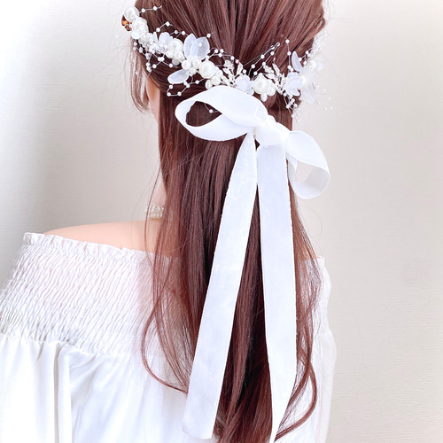 ヘッドドレス ～リボンパールゴールド×カチューシャ～髪飾り 成人式 前撮り ヘッドドレス ～リボンパールゴールド×カチューシャ～髪飾り