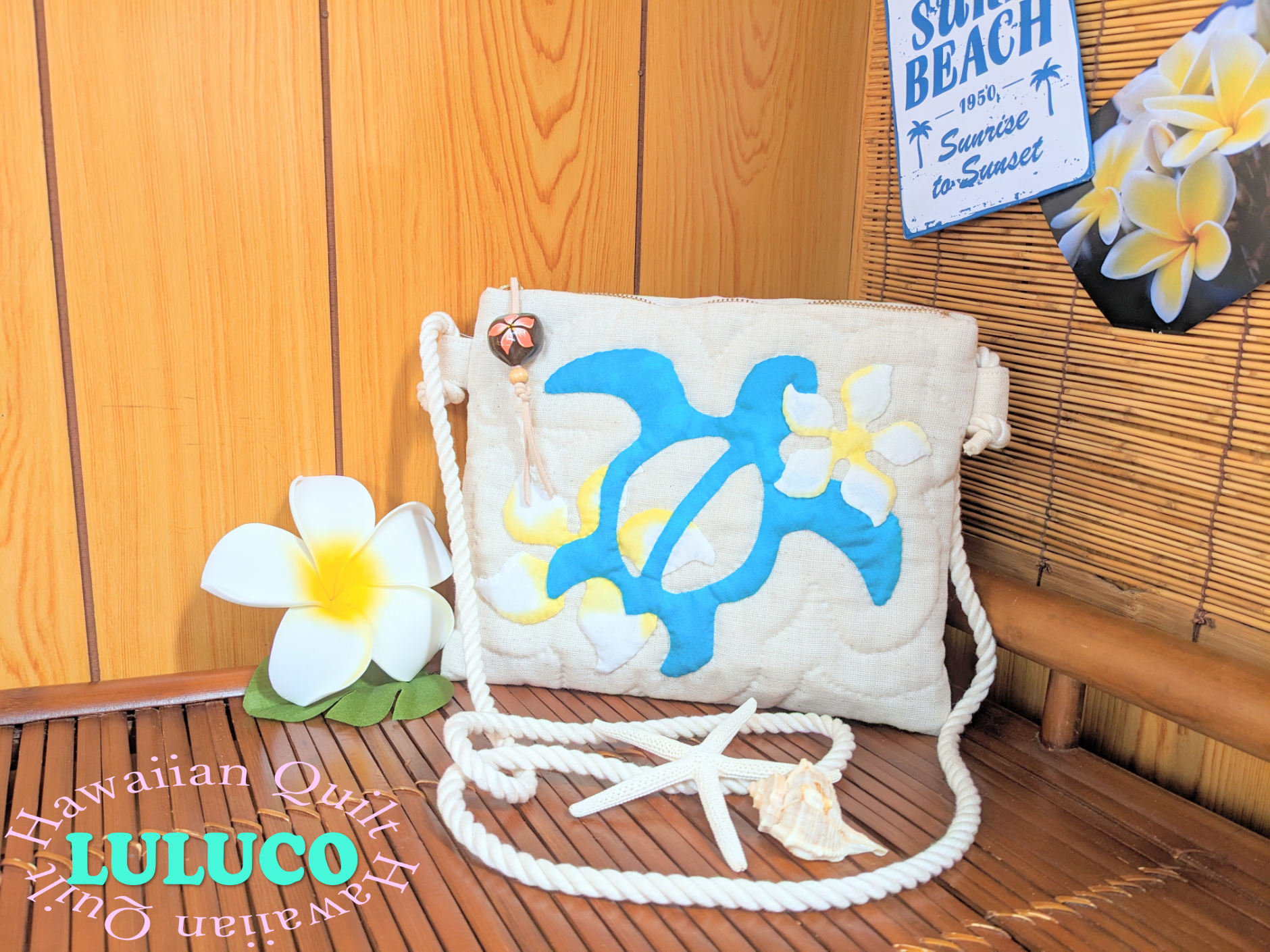 ハワイアンキルト☆サコッシュ☆ ホヌ・プルメリア