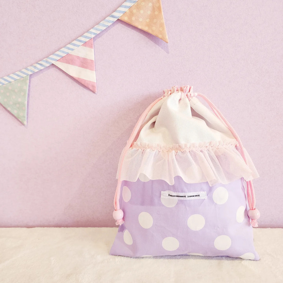 帶粉紅色褶邊的學校午餐袋 粉紅色×紫色 尺寸可變 第1張的照片