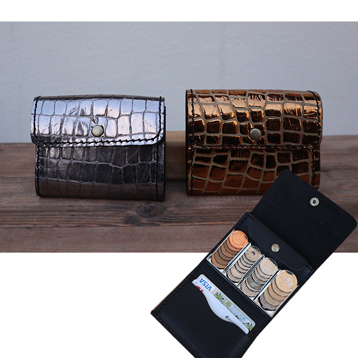 キラキラ光沢ある本革の小さな財布/ミニ財布コインキャッチャー/coincatcher-croko