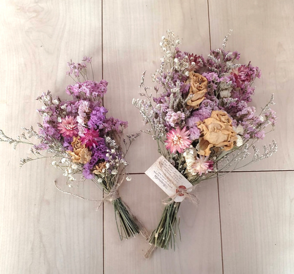2点set バラと貝細工と彩り小花のドライフラワースワッグ 花束 ブーケ