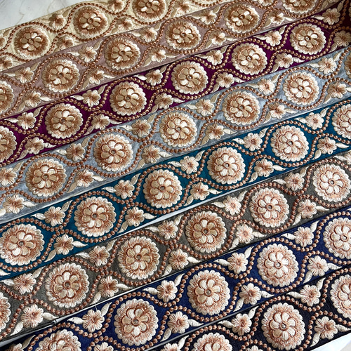 50cm】インド刺繍リボン ライトブルー シルク GS519 リボン・テープ