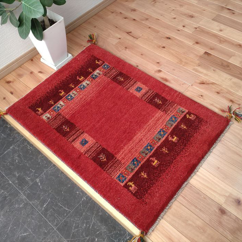 大特価32％OFF】ペルシャ ギャッベ 玄関マット 90×65cm レッド