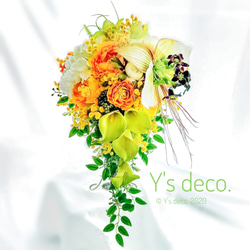 【生花に見える】ミモザ  ウェディングブーケ カラーリリー キャスケードブーケ 高級造花 ブートニア ブーケスタンド付 5枚目の画像