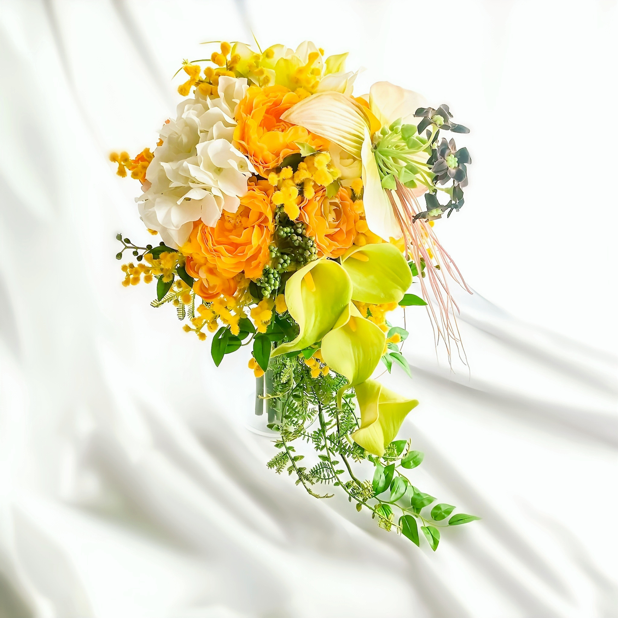 【生花にみえる】 ミモザ ウェディングブーケ   カラー 造花ブーケ  ブートニア付 黄色 白 ひとめぼれ復刻2026