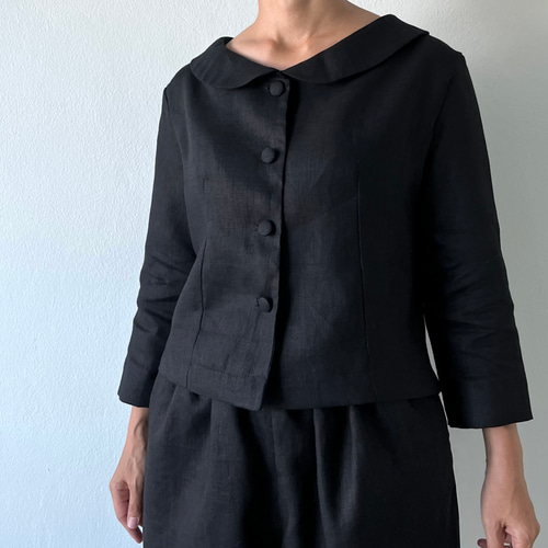 連休SALE！値下げ！アプ♡ゆる半袖リネンライクジャケット黒 セール】LIFE STYLE TAILOR ウールライクツイルコンフォータブル