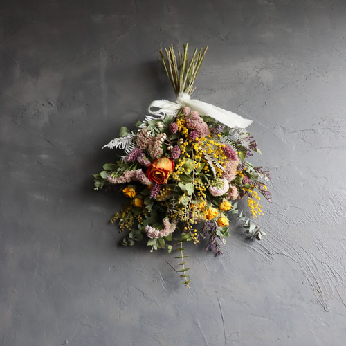 春のスワッグ ミモザ 壁掛け 壁飾り ドライフラワースワッグ 結婚祝い