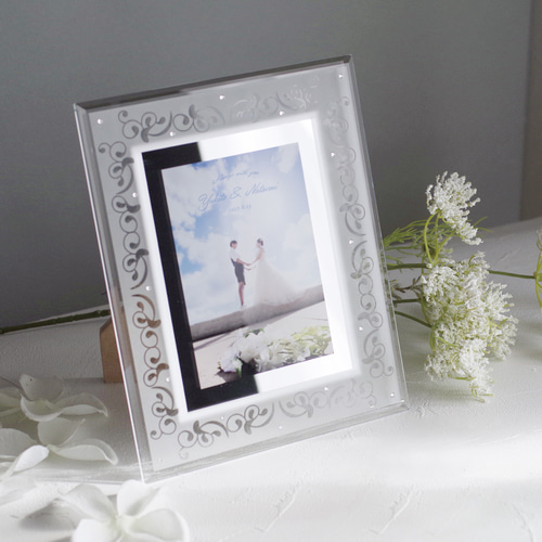 写真プリント込】ガラスとミラーのフォトフレーム／ホワイト／フォト