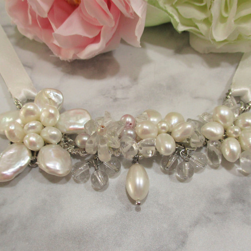 淡水パール＊天然石 genuine pearl ウェディング ネックレス
