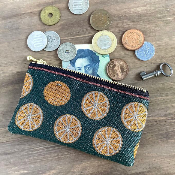 畳縁　硬幣錢包　名片夾　日式　橘子　深綠色 第4張的照片