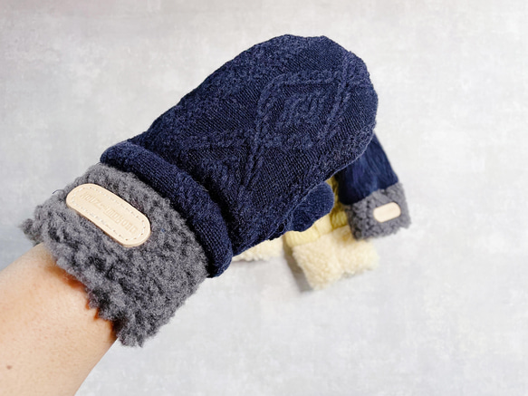 ☃️もふっと、冬のアランニットとボアとフリースのミトン手袋　指先までぬくぬく　防寒(FH210026) 6枚目の画像