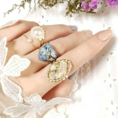 紫陽花入りハートのドライフラワーリング 指輪・リング くるみ 通販