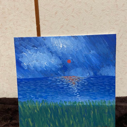 アクリル画 海と夕日 人物 YA-MAN