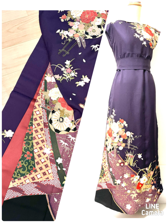 超特価SALE開催！ 送料無料 着物 リメイク 豪華 正絹 江戸紫 幸せ 花車 駒刺繍 金 スーツ・フォーマル・ドレス