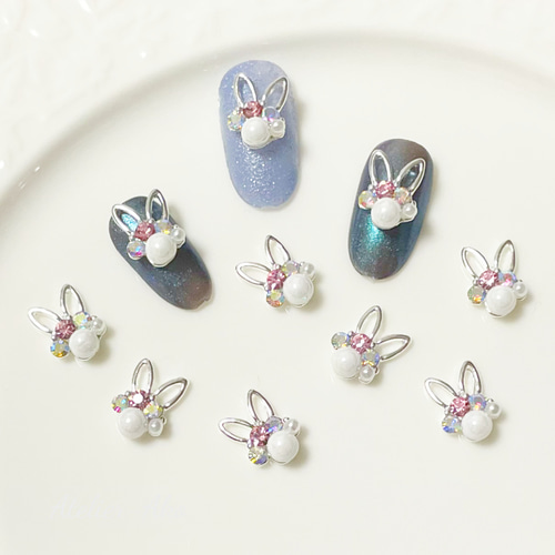 4個＊ネイルパーツ カボション シルバー ビジュー パール ラビット