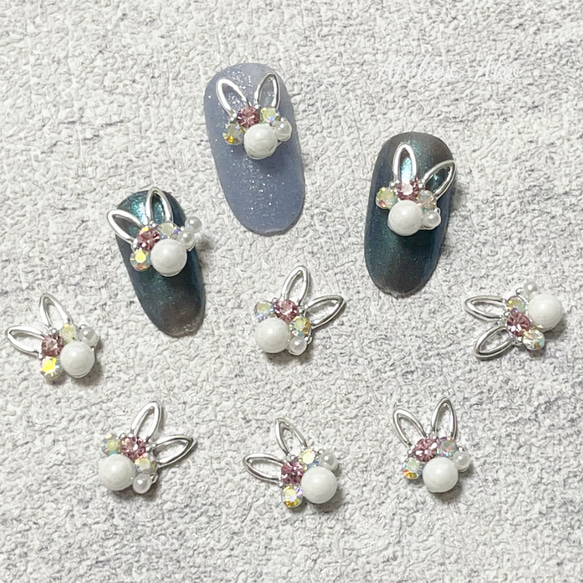 4個＊ネイルパーツ カボション シルバー ビジュー パール ラビット