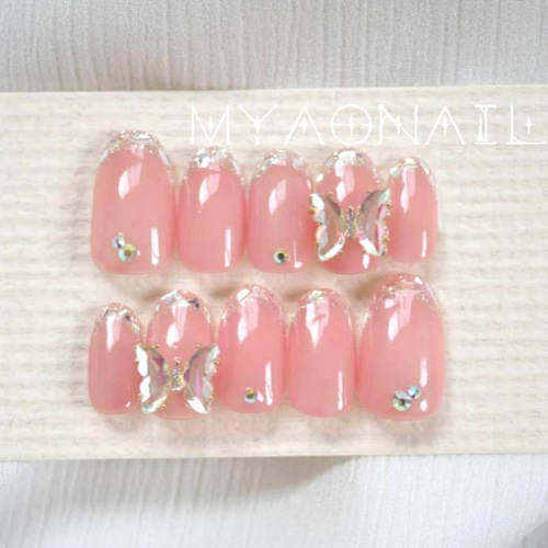 ネイルチップ ガラスフレンチ バタフライネイル ガラスフレンチ×蝶 ピンク シルバー ネイルチップ バタフライ