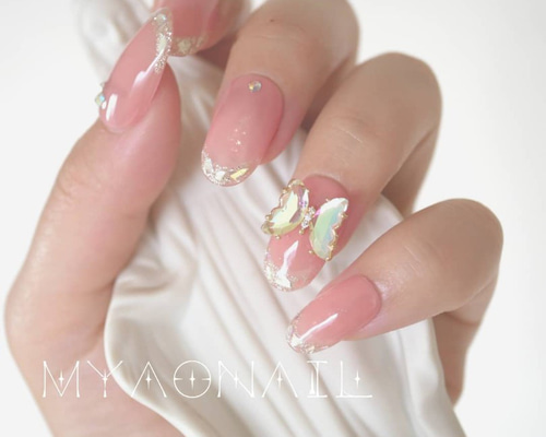 ネイルチップ ガラスフレンチ バタフライネイル 艶 血色ピンクの ガラスフレンチ バタフライ オーダーネイルチップ