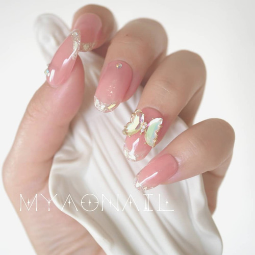 ネイルチップ ガラスフレンチ バタフライネイル