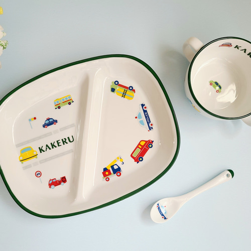 名前入れ]働く車柄 食器 3点セット（グリーン）プレート&カップ 