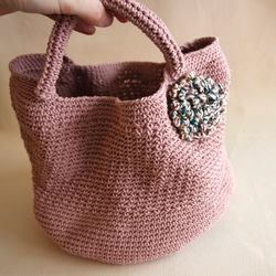 【布綿】花火毛糸編みクラッチバッグ あじさい小手提げピンク綿麻手編みバッグ 2枚目の画像