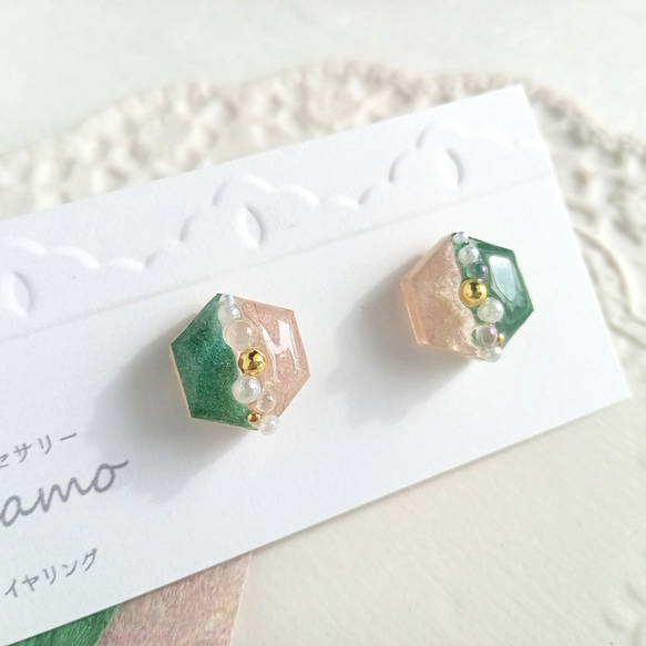 抹茶 ~ 阿波 和紙 六角形 イヤリング / ピアス ( 揺れない 伝統工芸
