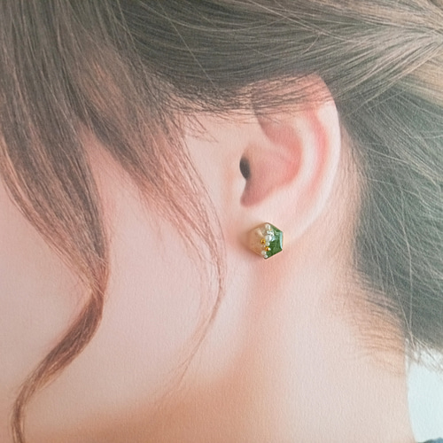抹茶 ~ 阿波 和紙 六角形 イヤリング / ピアス ( 揺れない 伝統工芸