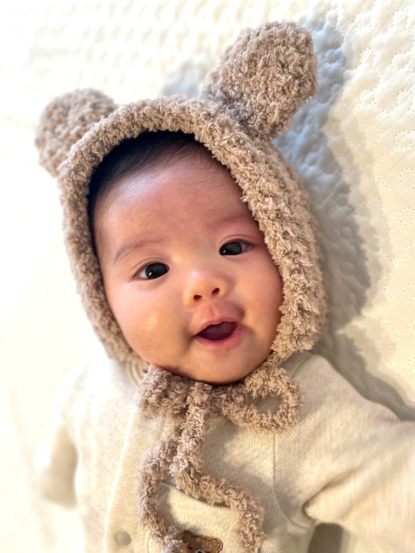ボンネット　ボンネット帽子　ハンドメイド帽子　もこもこ帽子　くま耳帽子　ハンドメイド　ベビー　キッズ　帽子　うさ耳帽子 4枚目の画像