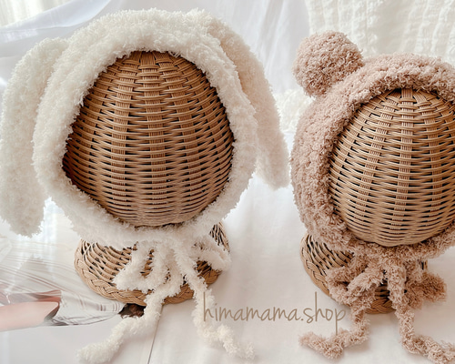 【ハンドメイド】くまさんボンネット ボンネット ボンネット帽子 ハンドメイド帽子 もこもこ帽子 くま耳帽子