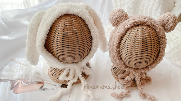 ボンネット　ボンネット帽子　ハンドメイド帽子　もこもこ帽子　くま耳帽子　ハンドメイド　ベビー　キッズ　帽子　うさ耳帽子 1枚目の画像