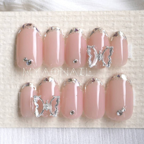 ネイルチップ ガラスフレンチ バタフライネイル