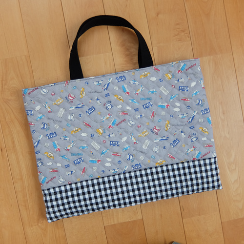 レッスンバッグ＆上履き入れ＊カラフルなのりもの＊グレー レッスン