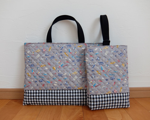 レッスンバッグ＆上履き入れ＊カラフルなのりもの＊グレー レッスン