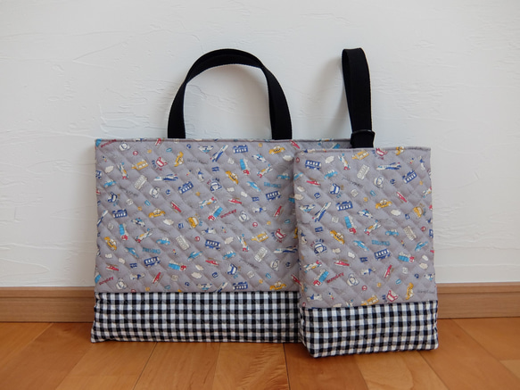 レッスンバッグ＆上履き入れ＊カラフルなのりもの＊グレー レッスン