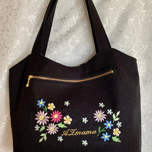 赤と黒のチェック柄ハンドメイド刺繍花模様トートバッグ Extri&KIMIKO