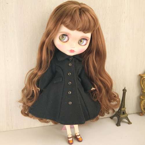 812※ウール素材の黒のフレアロングコート※ブライスアウトフィット※1/6  