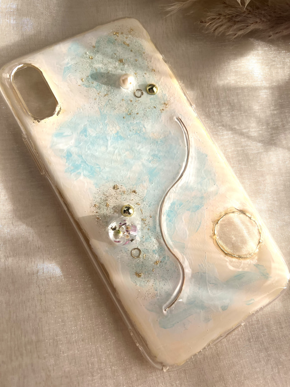 スマホケース iPhoneケース 〝ニュアンスぱーるフラワー〟　スマホケース　light blue   ver. 2枚目の画像