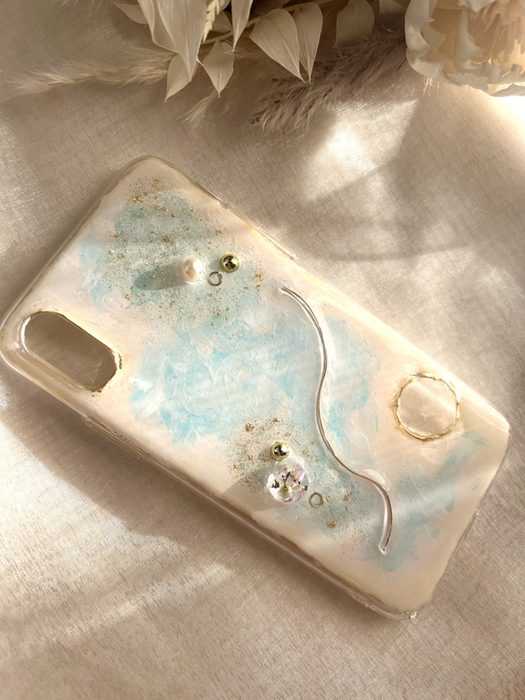 スマホケース iPhoneケース 〝ニュアンスぱーるフラワー〟　スマホケース　light blue   ver. 3枚目の画像