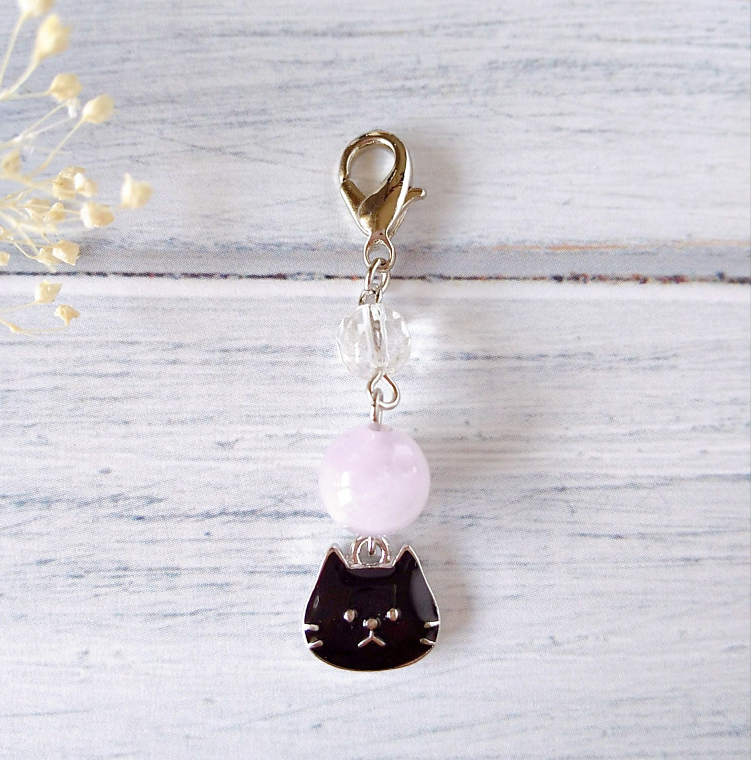 黒猫と天然石のラッキーチャーム/財布チャーム/アクセサリー