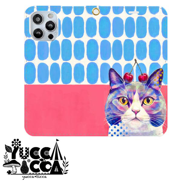 猫絵「ブリティッシュショートヘア＆チェリー」帯ナシ手帳型スマホケース　Android        Ω