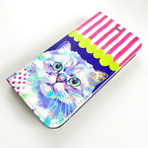 猫絵「チンチラペルシャ」帯ナシ手帳型スマホケース　Android 5枚目の画像