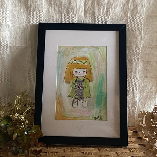絵画。原画【可愛い金髪の女の子が猫ちゃんを抱いて楽しく遊んで