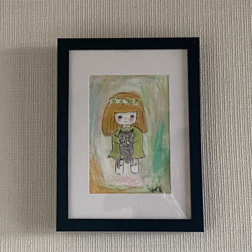 絵画。原画【可愛い金髪の女の子が猫ちゃんを抱いて楽しく遊んで 絵画。原画【可愛い金髪の女の子が猫ちゃんを抱いて楽しく遊んで