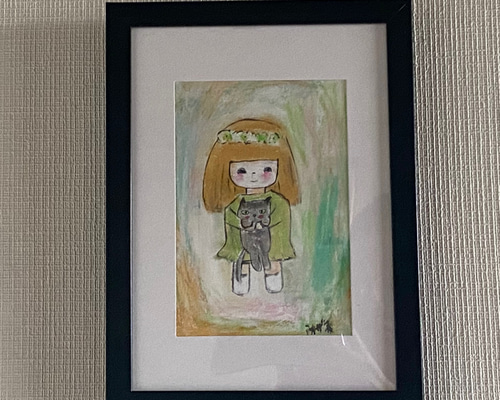 絵画。原画【可愛い金髪の女の子が猫ちゃんを抱いて楽しく遊んで