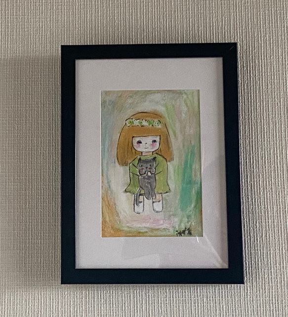 絵画。原画【可愛い金髪の女の子が猫ちゃんを抱いて楽しく遊んで