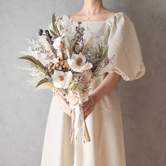 パームフラワーとコットンのウェディングブーケ/ドライフラワーブーケ